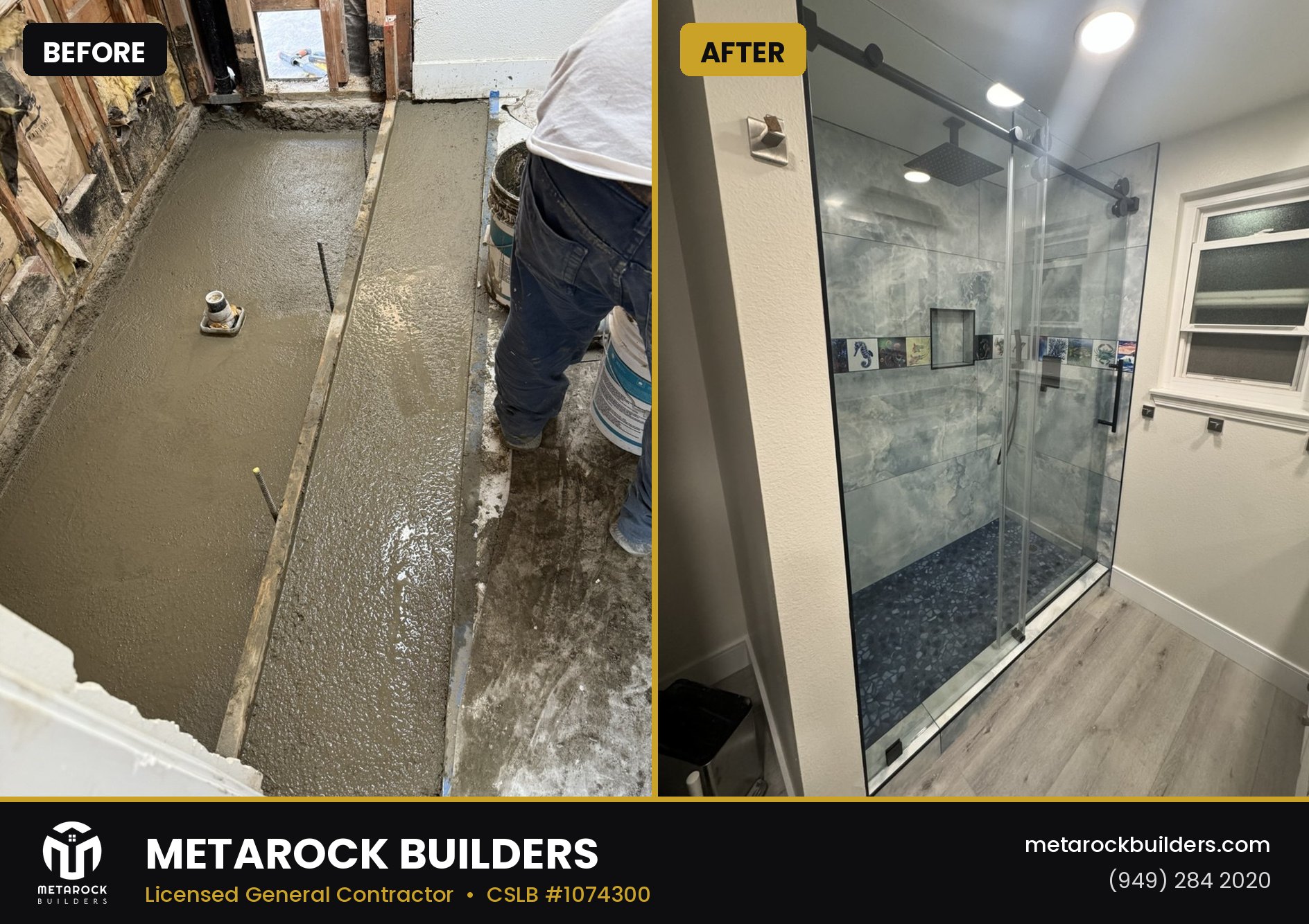 Shower remodel in Orange County by Sunward Builders Inc., before and after