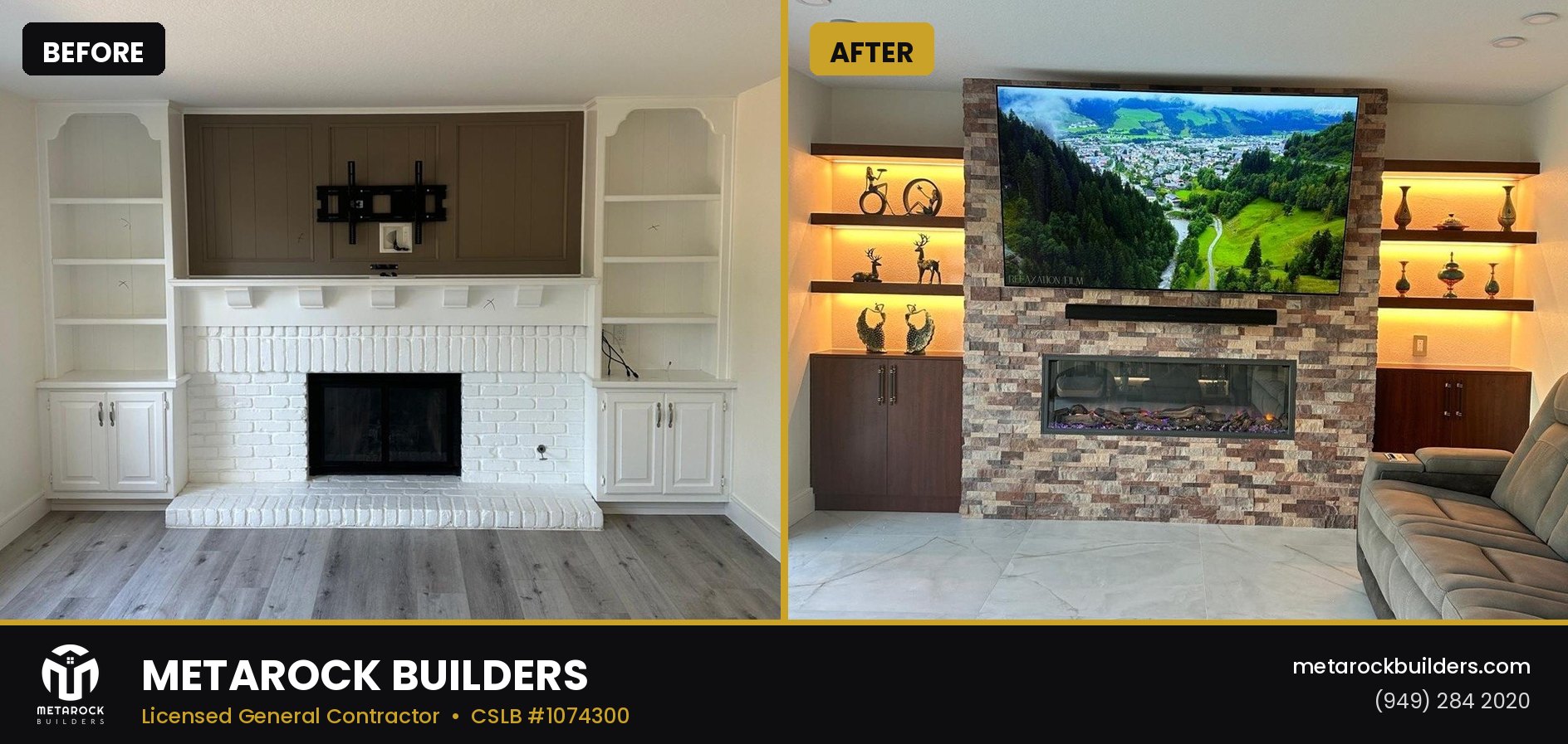 Fireplace remodel in Orange County by Sunward Builders Inc., before and after