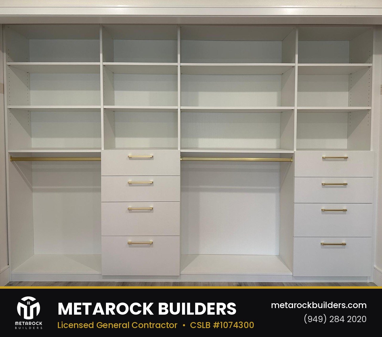 Closet remodel in Orange County by Sunward Builders Inc., completed after photo with full-wall built-in wardrobe, brushed brass hardware, and integrated drawer towers