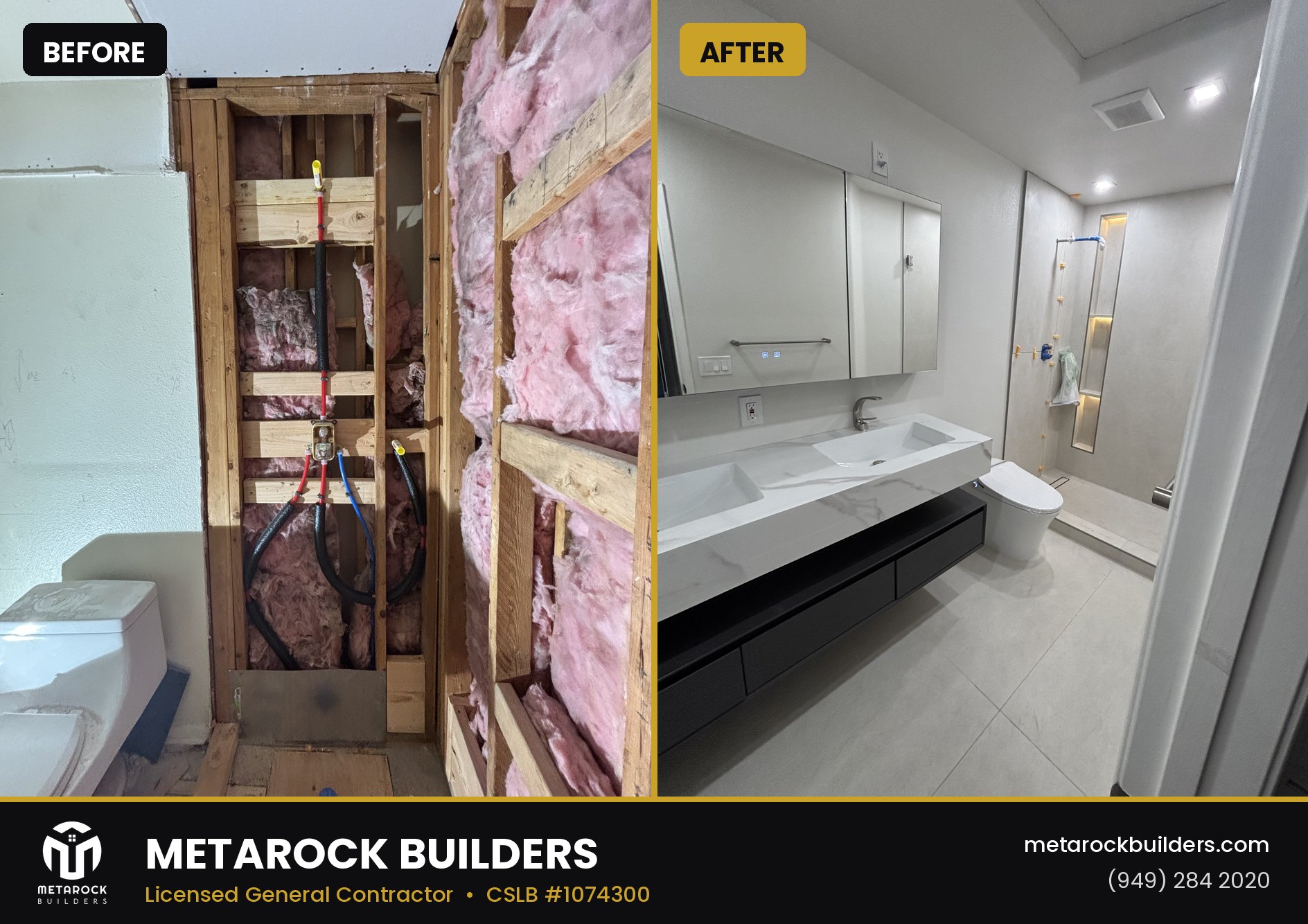 Bathroom and shower remodel in Orange County by Sunward Builders Inc., before and after