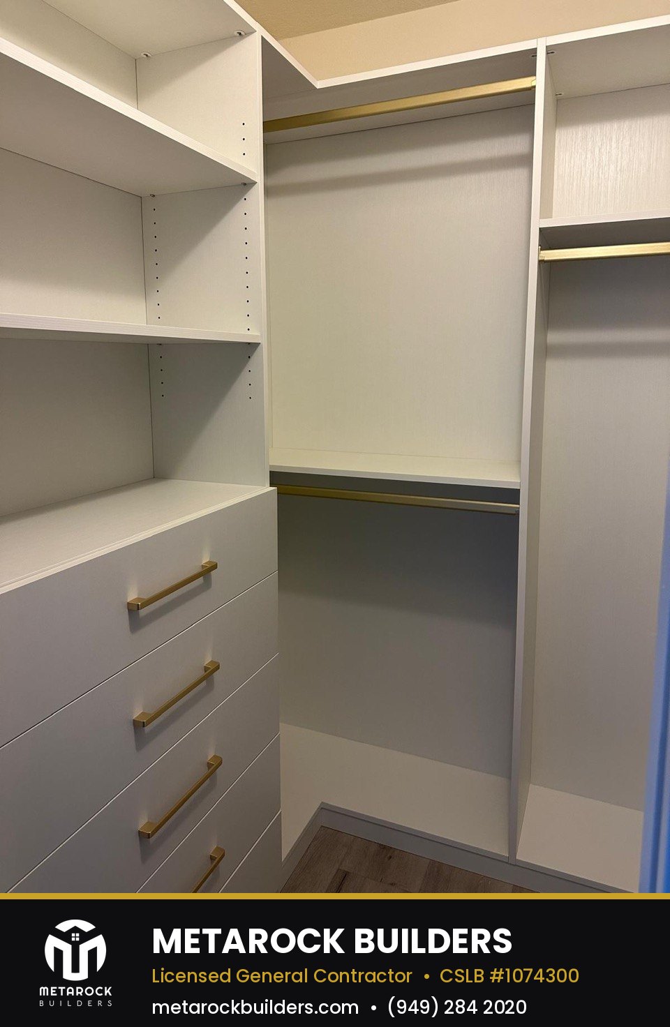 Closet remodel in Orange County by Sunward Builders Inc., completed after photo with custom white shelving, brushed brass hardware, and integrated drawers