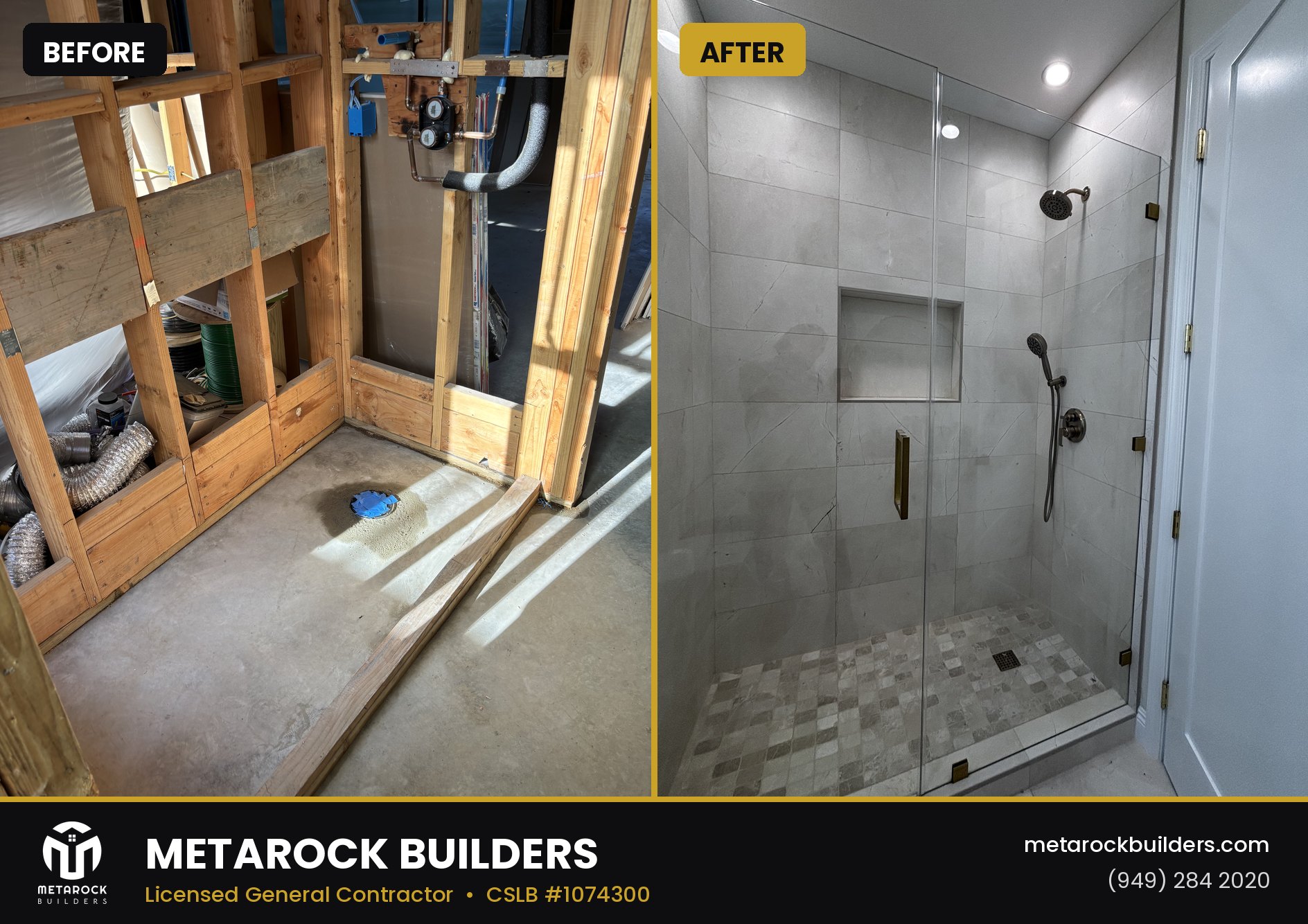 Shower remodel in Orange County by Sunward Builders Inc., before and after