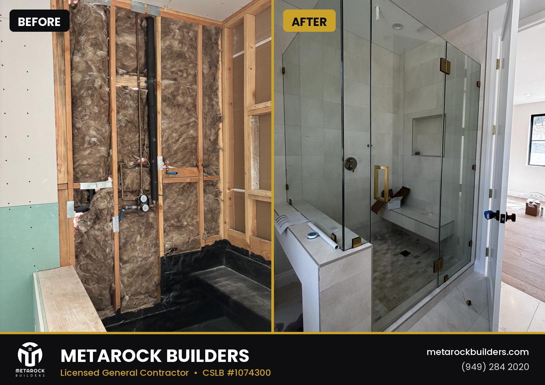 Shower remodel in Orange County by Sunward Builders Inc., before and after