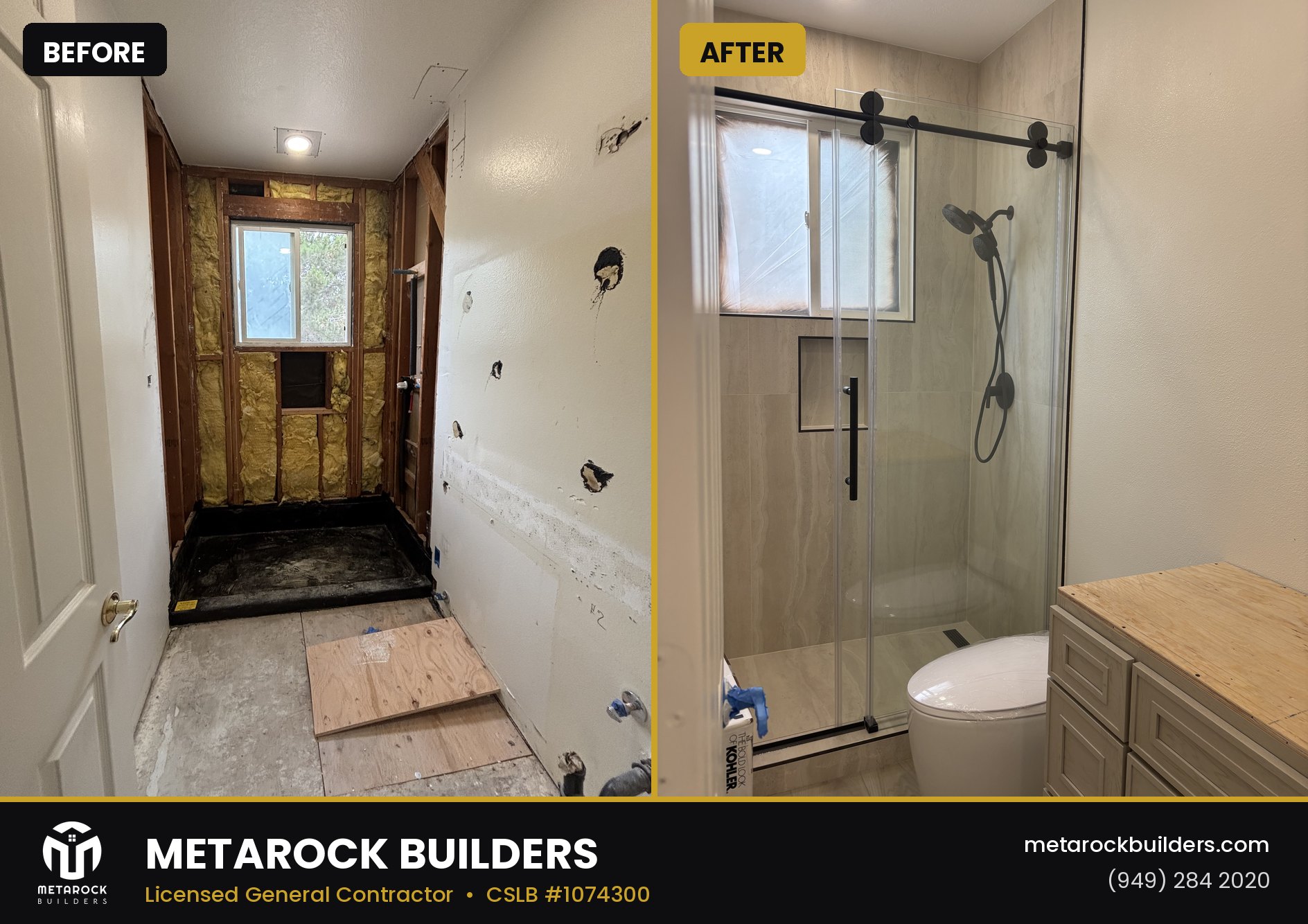 Shower remodel in Orange County by Sunward Builders Inc., before and after